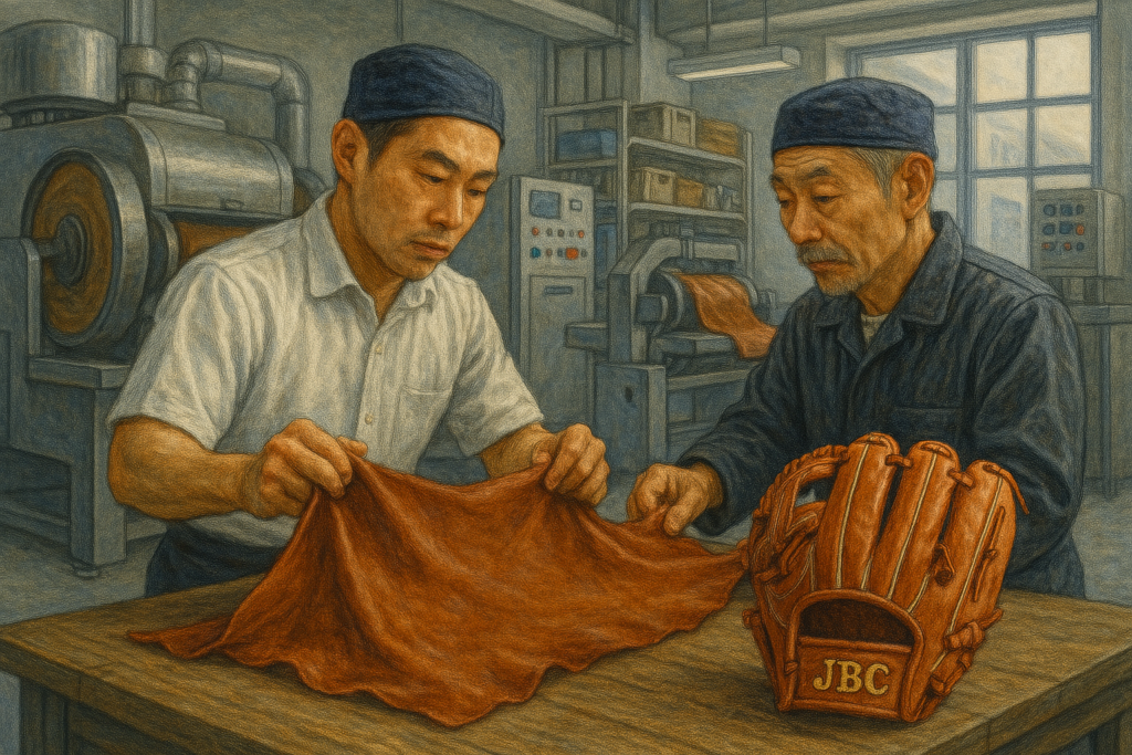 An exquisitely detailed, high-resolution illustration of the leather tanning process for a premium JBC baseball glove. The foreground showcases skilled artisans handling the supple, rich brown leather, carefully stretching and molding it. The middle ground reveals the intricate machinery used to tan and dye the material, while the background highlights the workshop's warm, earthy tones and vintage aesthetic. Vibrant natural lighting casts a soft glow, capturing the artistry and craftsmanship behind the iconic JBC brand. The overall tone is one of reverence for the traditional techniques that give these gloves their renowned durability and unparalleled feel.